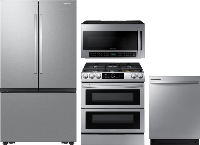 Samsung 4 Piece Kitchen Appliances Package with French Door Refrigerator, Dual Fuel Range, Dishwasher and Over the Range Microwave in Stainless Steel 