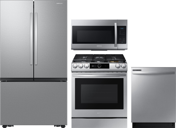 Samsung 4 Piece Kitchen Appliances Package with French Door Refrigerator, Gas Range, Dishwasher and Over the Range Microwave in Stainless Steel SARERA