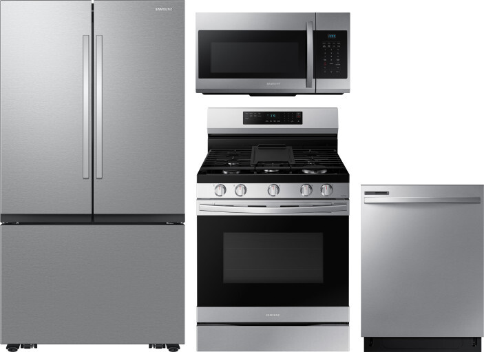 Samsung 4 Piece Kitchen Appliances Package with French Door Refrigerator, Gas Range, Dishwasher and Over the Range Microwave in Stainless Steel SARERA