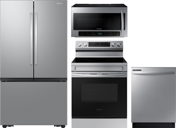 Samsung 4 Piece Kitchen Appliances Package with French Door Refrigerator, Electric Range, Dishwasher and Over the Range Microwave in Stainless Steel S