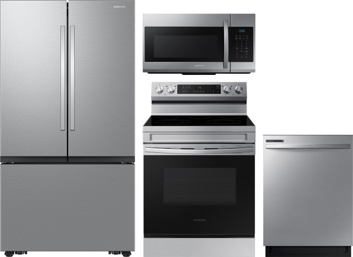 Samsung 4 Piece Kitchen Appliances Package with French Door Refrigerator, Electric Range, Dishwasher and Over the Range Microwave in Stainless Steel S