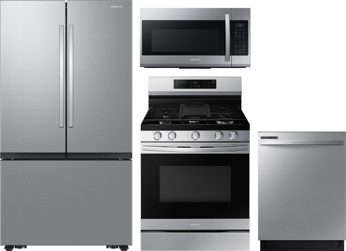 Samsung 4 Piece Kitchen Appliances Package with French Door Refrigerator, Gas Range, Dishwasher and Over the Range Microwave in Stainless Steel SARERA