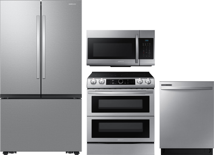 Samsung 4 Piece Kitchen Appliances Package with French Door Refrigerator, Electric Range, Dishwasher and Over the Range Microwave in Stainless Steel S
