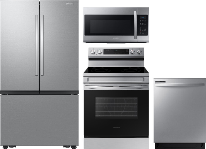 Samsung 4 Piece Kitchen Appliances Package with French Door Refrigerator, Electric Range, Dishwasher and Over the Range Microwave in Stainless Steel S