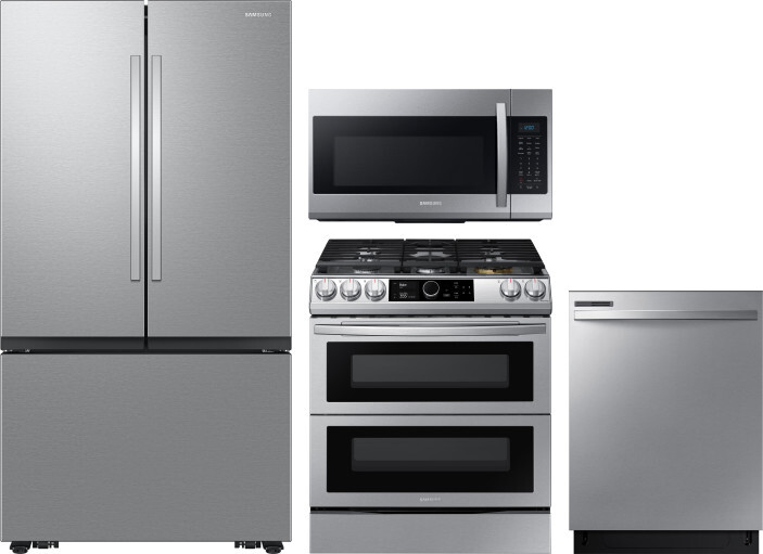 Samsung 4 Piece Kitchen Appliances Package with French Door Refrigerator, Gas Range, Dishwasher and Over the Range Microwave in Stainless Steel SARERA