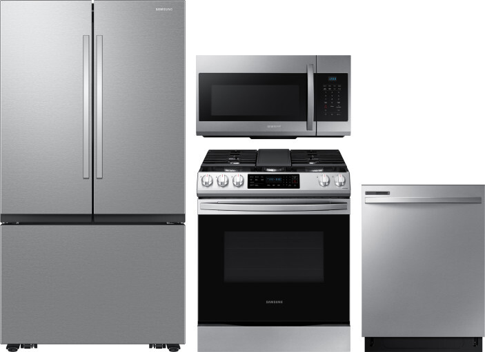 Samsung 4 Piece Kitchen Appliances Package with French Door Refrigerator, Gas Range, Dishwasher and Over the Range Microwave in Stainless Steel SARERA