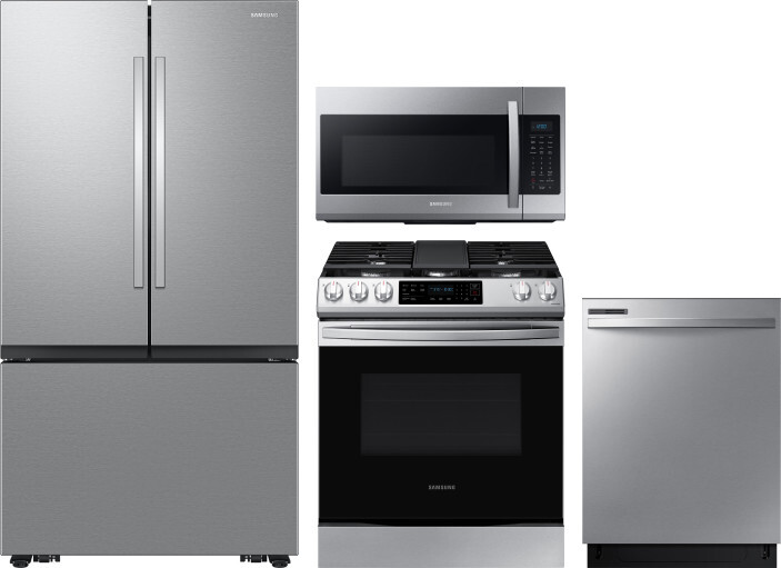 Samsung 4 Piece Kitchen Appliances Package with French Door Refrigerator, Gas Range, Dishwasher and Over the Range Microwave in Stainless Steel SARERA