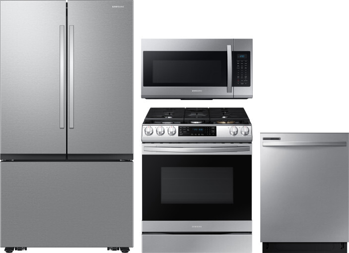 Samsung 4 Piece Kitchen Appliances Package with French Door Refrigerator, Gas Range, Dishwasher and Over the Range Microwave in Stainless Steel SARERA