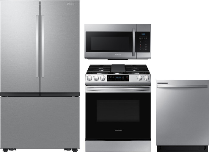 Samsung 4 Piece Kitchen Appliances Package with French Door Refrigerator, Gas Range, Dishwasher and Over the Range Microwave in Stainless Steel SARERA