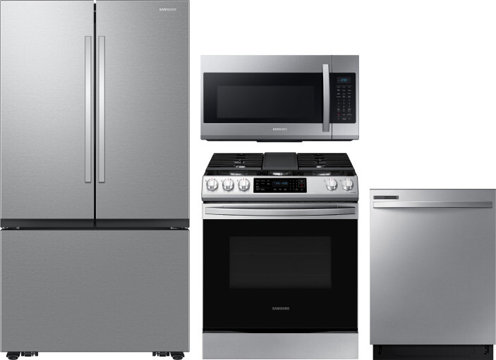 Samsung 4 Piece Kitchen Appliances Package with French Door Refrigerator, Gas Range, Dishwasher and Over the Range Microwave in Stainless Steel SARERA