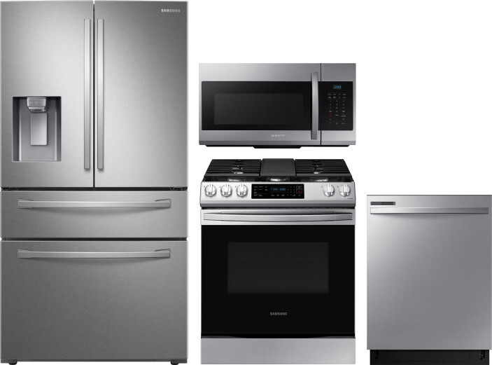 Samsung 4 Piece Kitchen Appliances Package with French Door Refrigerator, Gas Range, Dishwasher and Over the Range Microwave in Stainless Steel SARERA