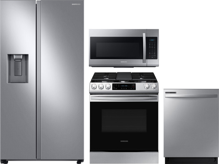 Samsung 4 Piece Kitchen Appliances Package with Side-by-Side Refrigerator, Gas Range, Dishwasher and Over the Range Microwave in Stainless Steel SARER