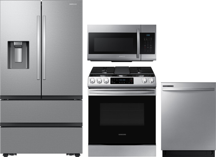 Samsung 4 Piece Kitchen Appliances Package with French Door Refrigerator, Gas Range, Dishwasher and Over the Range Microwave in Stainless Steel SARERA