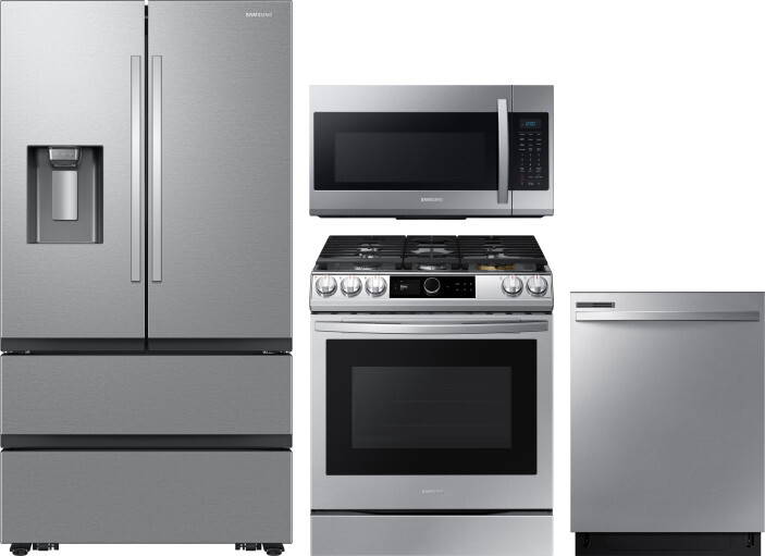 Samsung 4 Piece Kitchen Appliances Package with French Door Refrigerator, Gas Range, Dishwasher and Over the Range Microwave in Stainless Steel SARERA