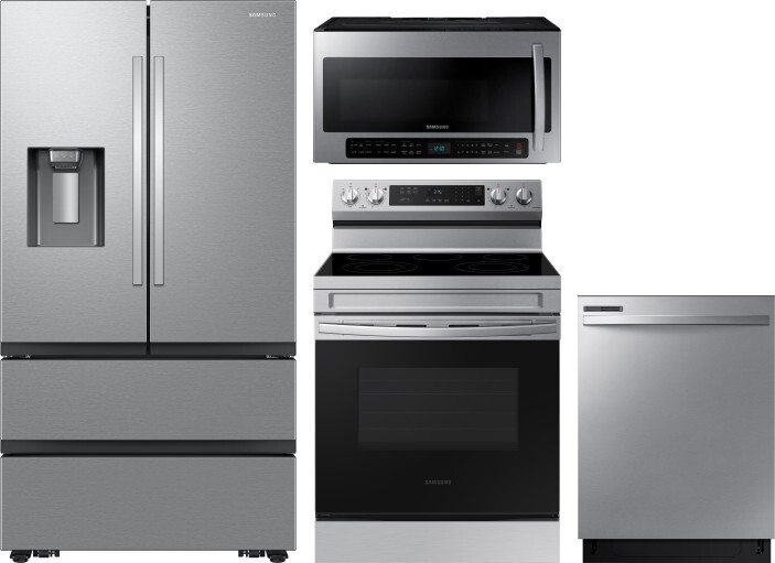 Samsung 4 Piece Kitchen Appliances Package with French Door Refrigerator, Electric Range, Dishwasher and Over the Range Microwave in Stainless Steel S