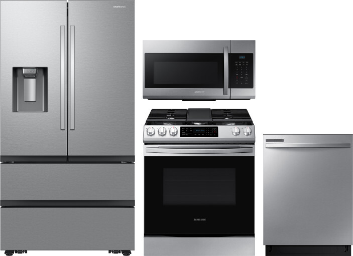 Samsung 4 Piece Kitchen Appliances Package with French Door Refrigerator, Gas Range, Dishwasher and Over the Range Microwave in Stainless Steel SARERA