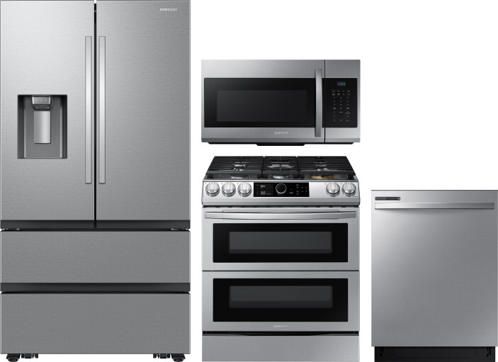 Samsung 4 Piece Kitchen Appliances Package with French Door Refrigerator, Dual Fuel Range, Dishwasher and Over the Range Microwave in Stainless Steel 
