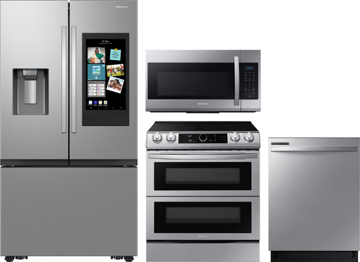 Samsung 4 Piece Kitchen Appliances Package with French Door Refrigerator, Electric Range, Dishwasher and Over the Range Microwave in Fingerprint Resis