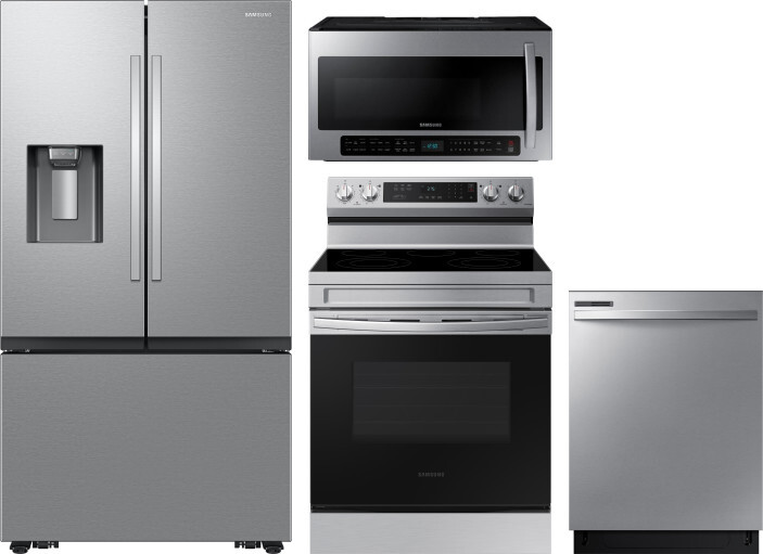 Samsung 4 Piece Kitchen Appliances Package with French Door Refrigerator, Electric Range, Dishwasher and Over the Range Microwave in Stainless Steel S