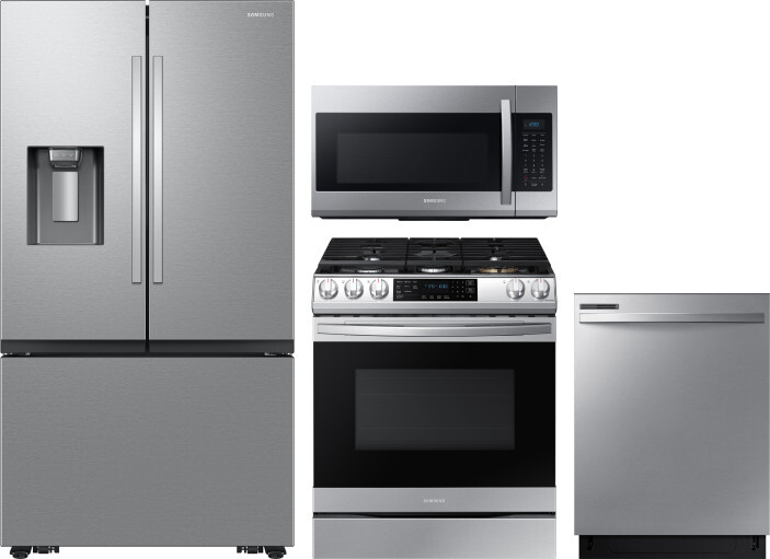 Samsung 4 Piece Kitchen Appliances Package with French Door Refrigerator, Gas Range, Dishwasher and Over the Range Microwave in Stainless Steel SARERA