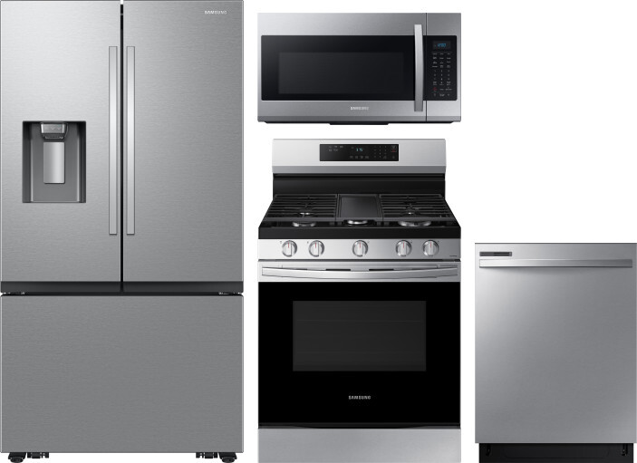 Samsung 4 Piece Kitchen Appliances Package with French Door Refrigerator, Gas Range, Dishwasher and Over the Range Microwave in Stainless Steel SARERA