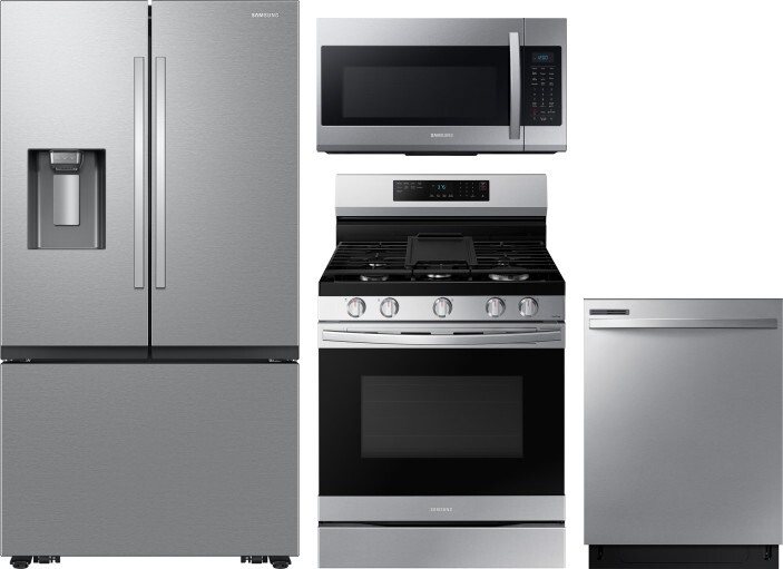 Samsung 4 Piece Kitchen Appliances Package with French Door Refrigerator, Gas Range, Dishwasher and Over the Range Microwave in Stainless Steel SARERA