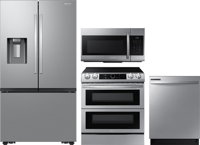 Samsung 4 Piece Kitchen Appliances Package with French Door Refrigerator, Electric Range, Dishwasher and Over the Range Microwave in Stainless Steel S