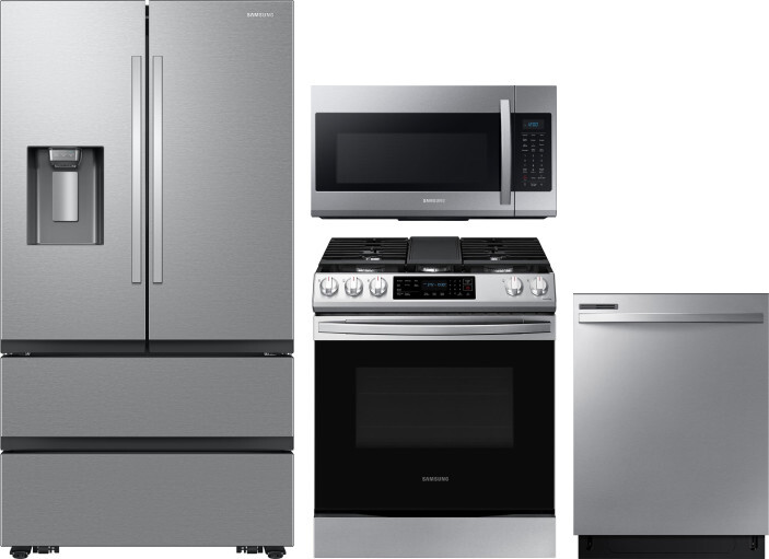 Samsung 4 Piece Kitchen Appliances Package with French Door Refrigerator, Gas Range, Dishwasher and Over the Range Microwave in Stainless Steel SARERA