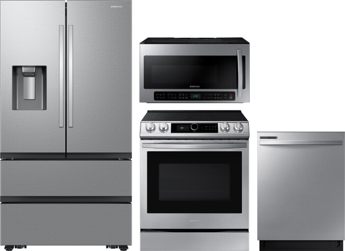 Samsung 4 Piece Kitchen Appliances Package with French Door Refrigerator, Electric Range, Dishwasher and Over the Range Microwave in Stainless Steel S