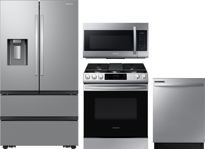 Samsung 4 Piece Kitchen Appliances Package with French Door Refrigerator, Gas Range, Dishwasher and Over the Range Microwave in Stainless Steel SARERA