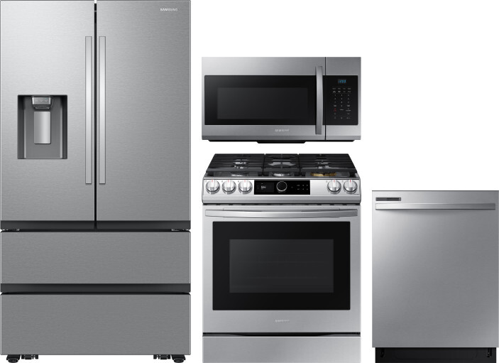 Samsung 4 Piece Kitchen Appliances Package with French Door Refrigerator, Gas Range, Dishwasher and Over the Range Microwave in Stainless Steel SARERA