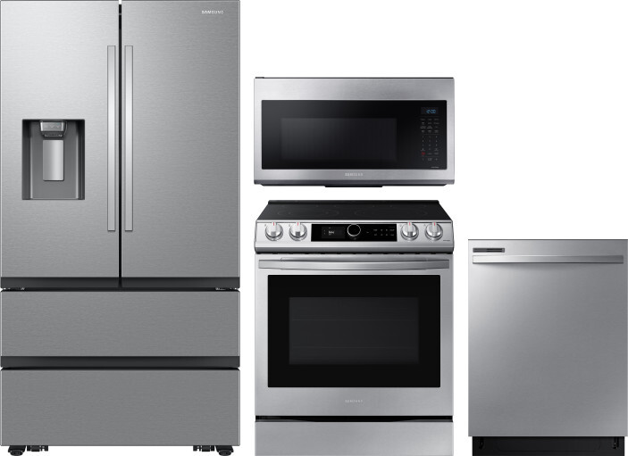 Samsung 4 Piece Kitchen Appliances Package with French Door Refrigerator, Electric Range, Dishwasher and Over the Range Microwave in Stainless Steel S