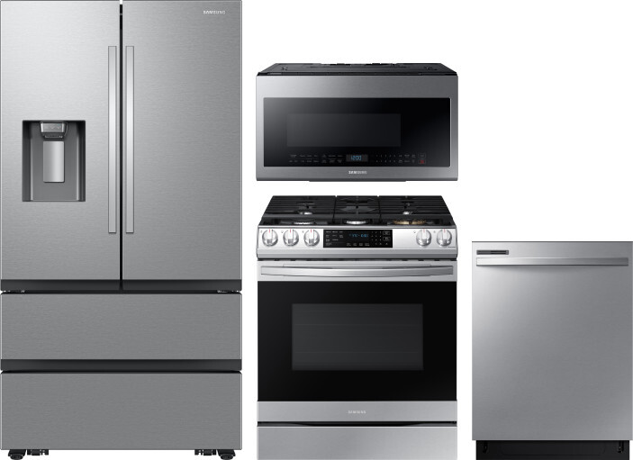 Samsung 4 Piece Kitchen Appliances Package with French Door Refrigerator, Gas Range, Dishwasher and Over the Range Microwave in Stainless Steel SARERA