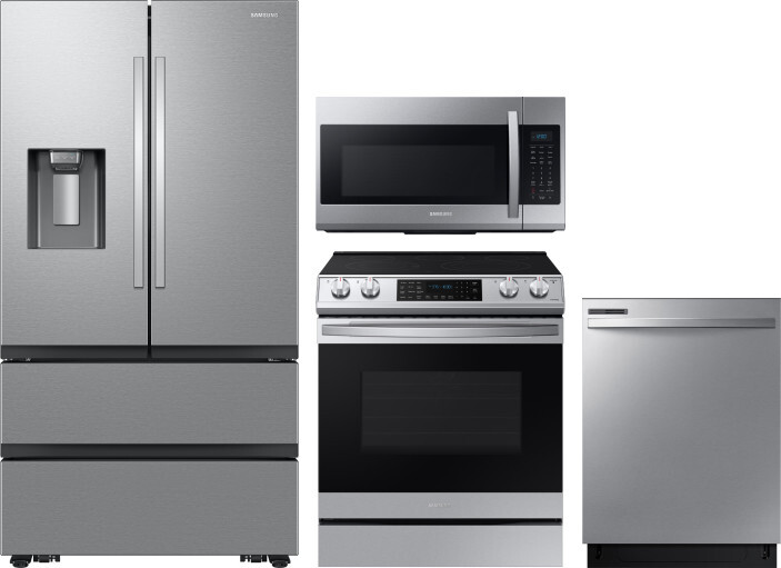 Samsung 4 Piece Kitchen Appliances Package with French Door Refrigerator, Electric Range, Dishwasher and Over the Range Microwave in Stainless Steel S