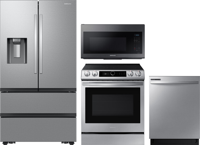 Samsung 4 Piece Kitchen Appliances Package with French Door Refrigerator, Electric Range, Dishwasher and Over the Range Microwave in Stainless Steel S