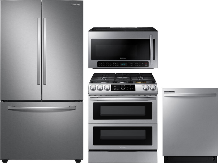 Samsung 4 Piece Kitchen Appliances Package with French Door Refrigerator, Dual Fuel Range, Dishwasher and Over the Range Microwave in Stainless Steel 