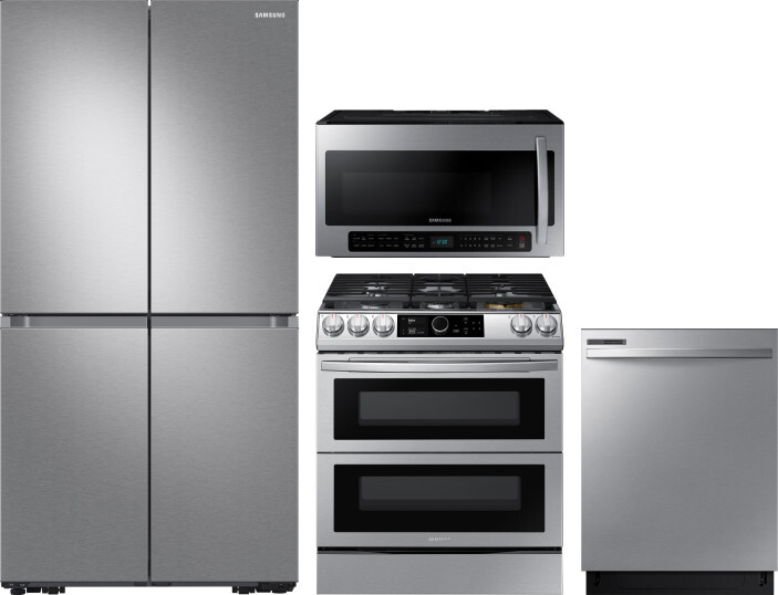 Samsung 4 Piece Kitchen Appliances Package with French Door Refrigerator, Dual Fuel Range, Dishwasher and Over the Range Microwave in Stainless Steel 