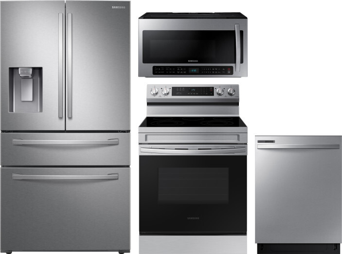 Samsung 4 Piece Kitchen Appliances Package with French Door Refrigerator, Electric Range, Dishwasher and Over the Range Microwave in Stainless Steel S