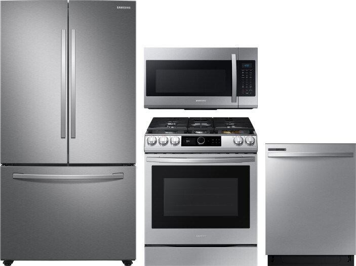 Samsung 4 Piece Kitchen Appliances Package with French Door Refrigerator, Gas Range, Dishwasher and Over the Range Microwave in Stainless Steel SARERA