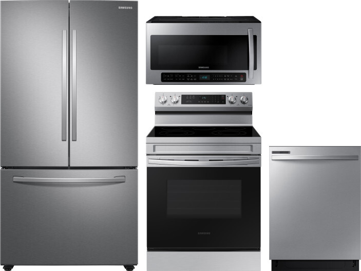 Samsung 4 Piece Kitchen Appliances Package with French Door Refrigerator, Electric Range, Dishwasher and Over the Range Microwave in Stainless Steel S