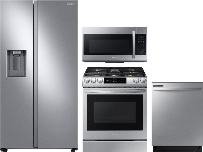 Samsung 4 Piece Kitchen Appliances Package with Side-by-Side Refrigerator, Gas Range, Dishwasher and Over the Range Microwave in Stainless Steel SARER