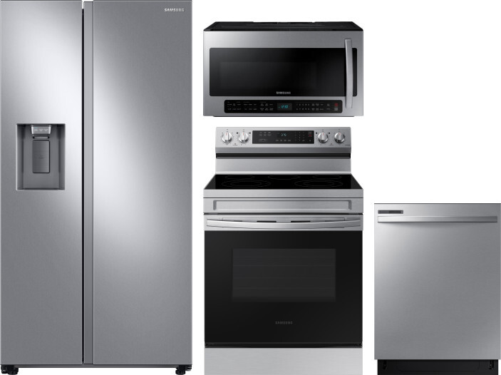 Samsung 4 Piece Kitchen Appliances Package with Side-by-Side Refrigerator, Electric Range, Dishwasher and Over the Range Microwave in Stainless Steel 