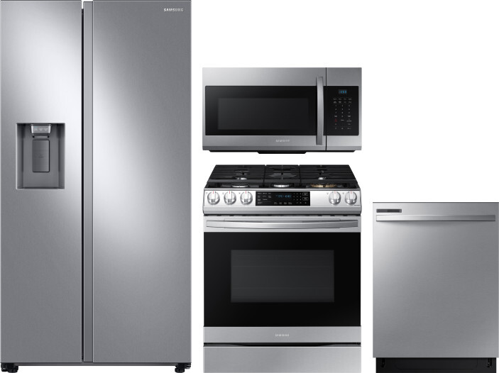 Samsung 4 Piece Kitchen Appliances Package with Side-by-Side Refrigerator, Gas Range, Dishwasher and Over the Range Microwave in Stainless Steel SARER