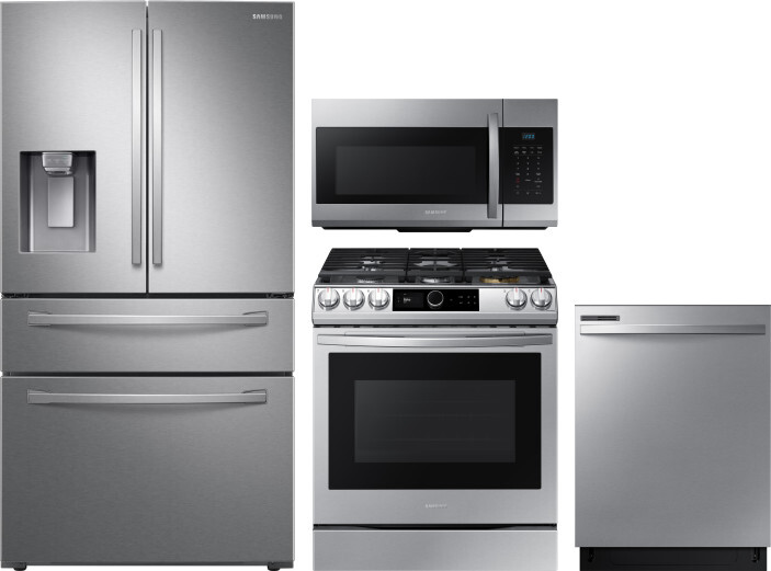 Samsung 4 Piece Kitchen Appliances Package with French Door Refrigerator, Gas Range, Dishwasher and Over the Range Microwave in Stainless Steel SARERA
