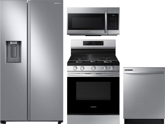 Samsung 4 Piece Kitchen Appliances Package with Side-by-Side Refrigerator, Gas Range, Dishwasher and Over the Range Microwave in Stainless Steel SARER
