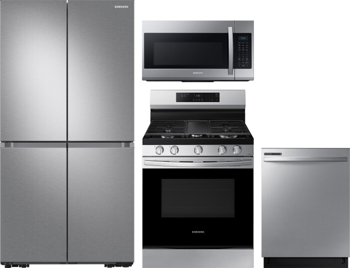 Samsung 4 Piece Kitchen Appliances Package with French Door Refrigerator, Gas Range, Dishwasher and Over the Range Microwave in Stainless Steel SARERA