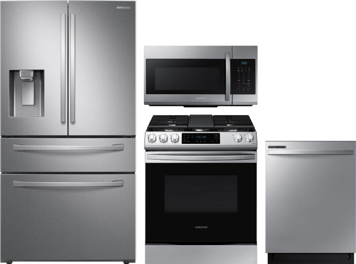 Samsung 4 Piece Kitchen Appliances Package with French Door Refrigerator, Gas Range, Dishwasher and Over the Range Microwave in Stainless Steel SARERA