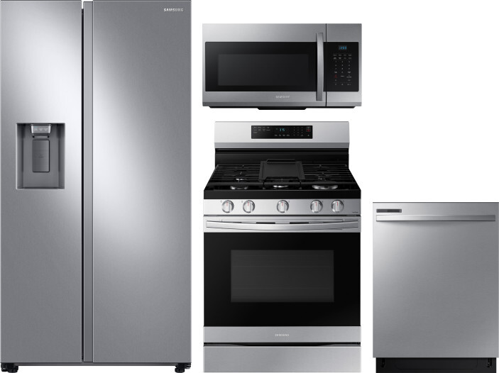 Samsung 4 Piece Kitchen Appliances Package with Side-by-Side Refrigerator, Gas Range, Dishwasher and Over the Range Microwave in Stainless Steel SARER