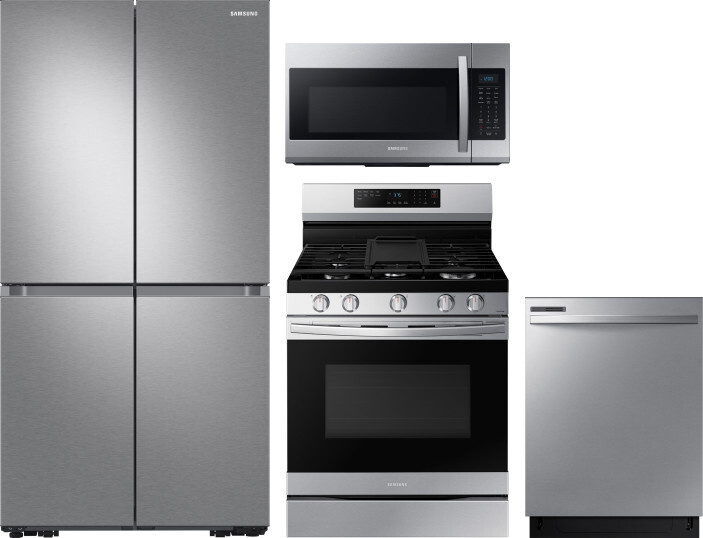 Samsung 4 Piece Kitchen Appliances Package with French Door Refrigerator, Gas Range, Dishwasher and Over the Range Microwave in Stainless Steel SARERA