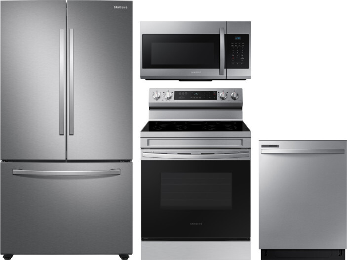 Samsung 4 Piece Kitchen Appliances Package with French Door Refrigerator, Electric Range, Dishwasher and Over the Range Microwave in Stainless Steel S